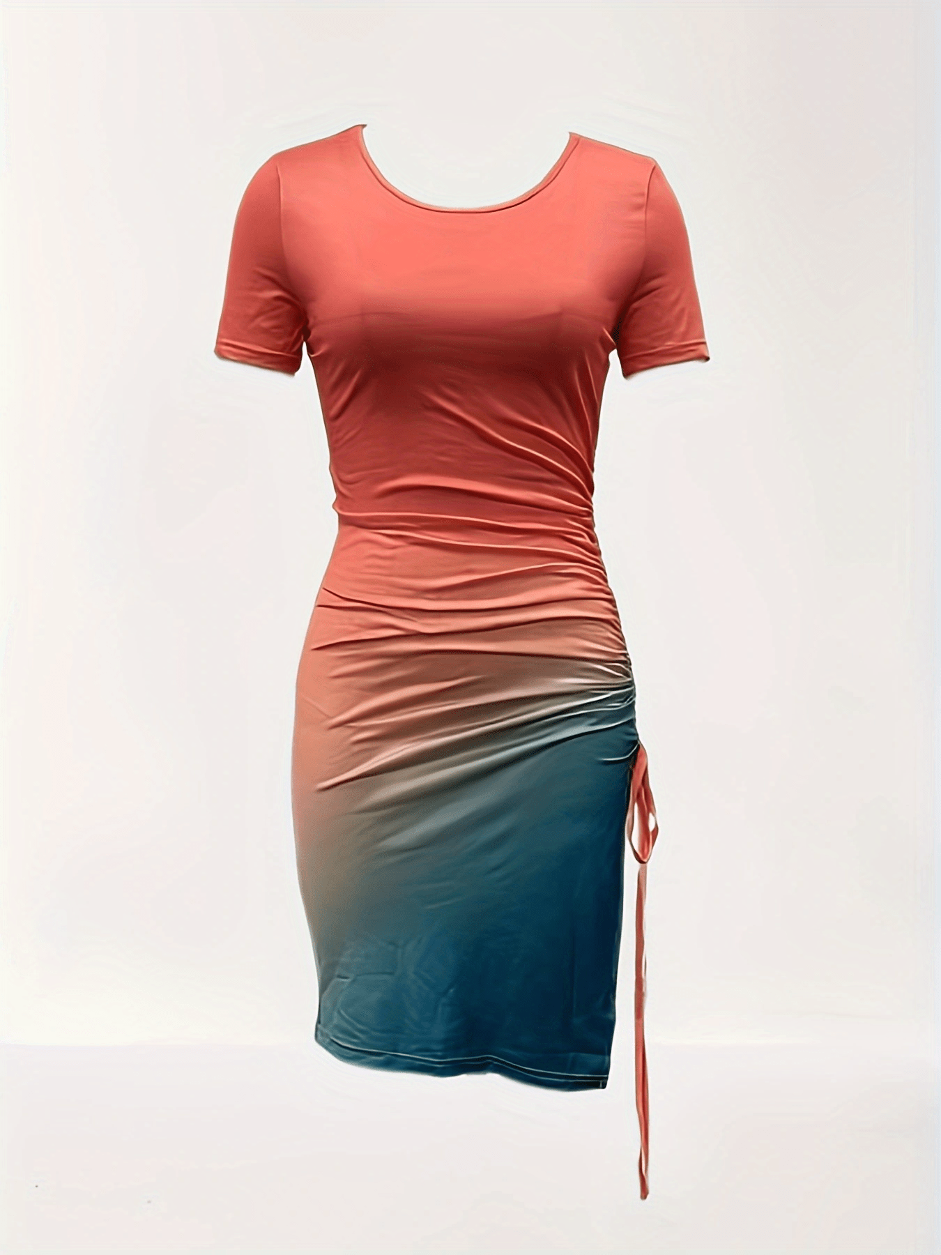 Ombre Ruched Dress Side Slit Short Sleeve Crew Neck Casual Dress
