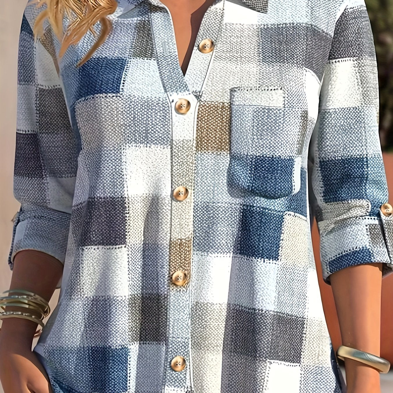  Denim Print Button Up Blouse