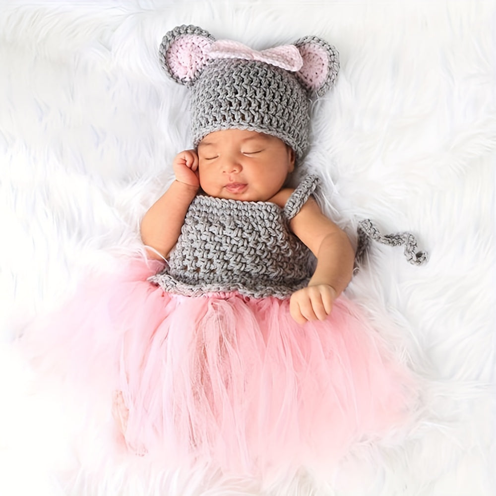 Mouse Gauze Dress & Wool Set for Newborn Photo Shoots