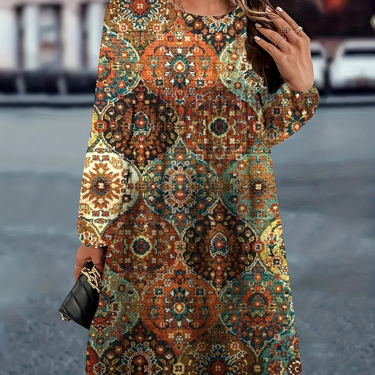  Floral Print Long Sleeve Round Neck Dress