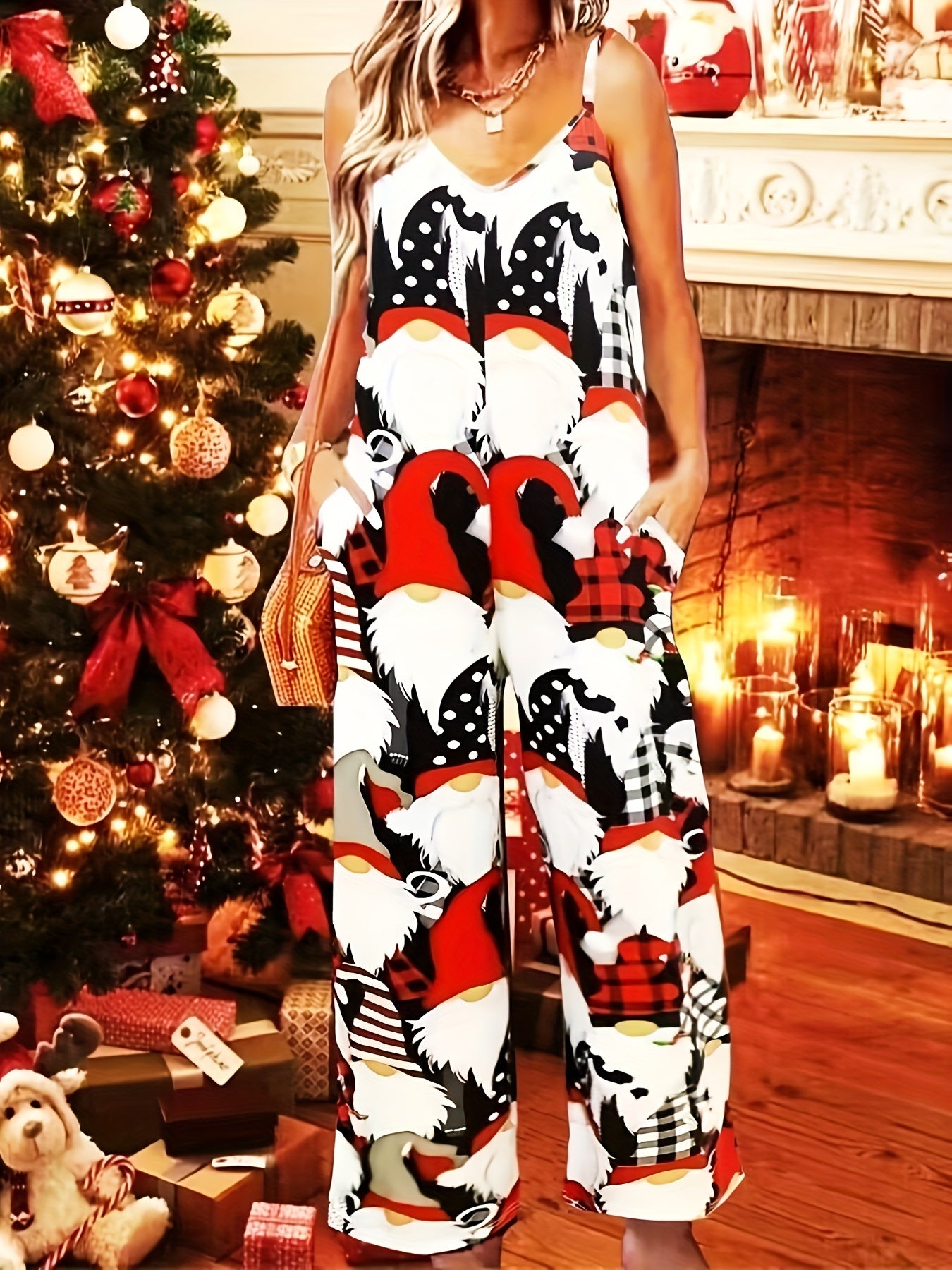  Christmas Dwarf Print Wide Leg Jumpsuit