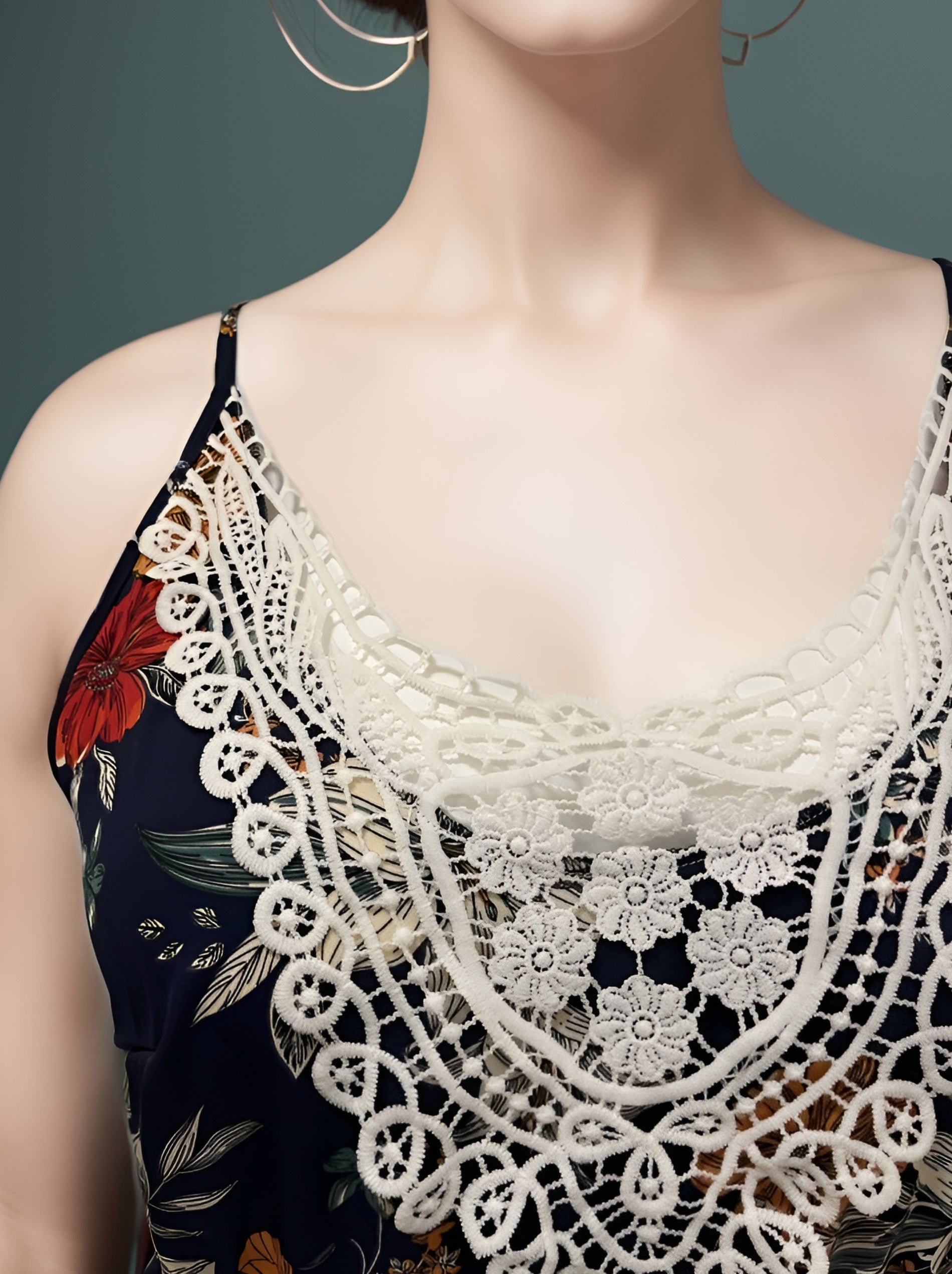  Floral Print Lace Panel Midi Cami Dress