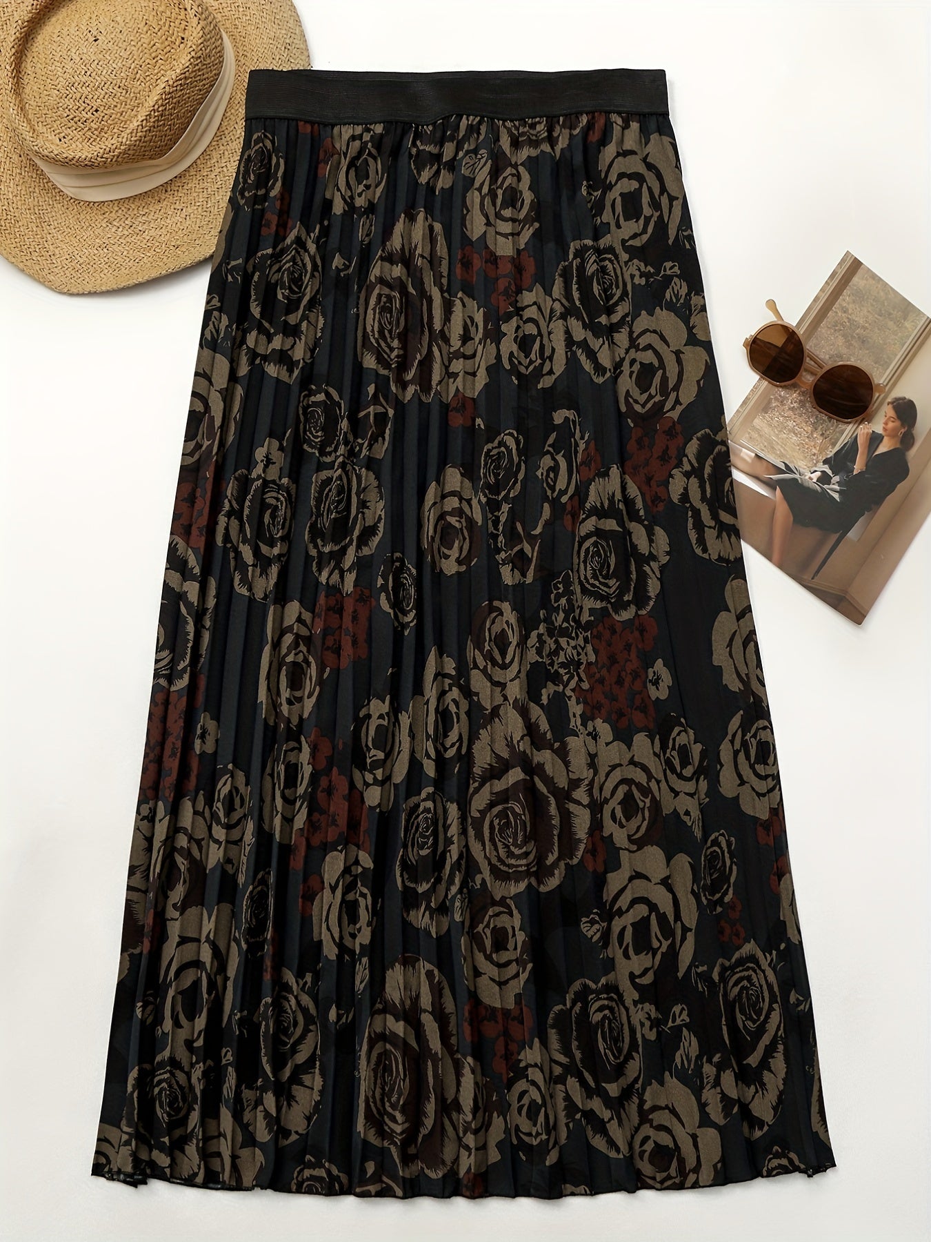  Rose Print Pleated Skirt