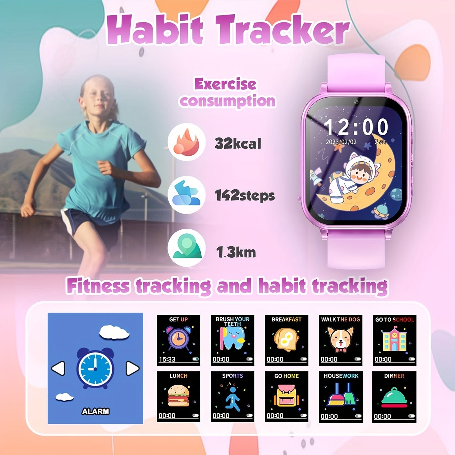 Pink Kids Smartwatch with HD Touch Screen Educational Games Music & Camera