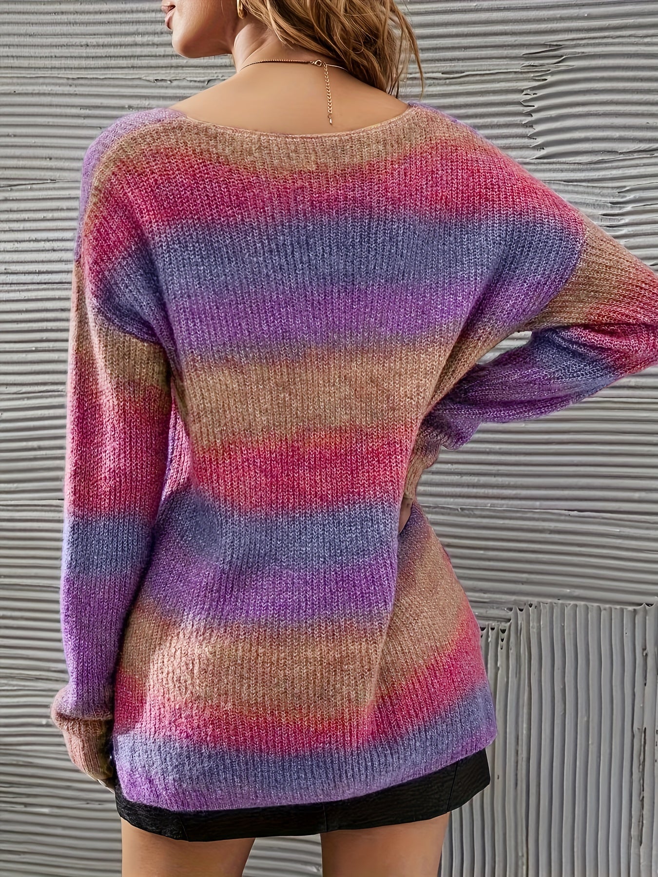  Stripe Print V Neck Sweater Long Sleeve