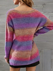  Stripe Print V Neck Sweater Long Sleeve