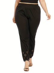  Casual Pants Women's Plus Solid Elastic Eyelet Embroidered Trim Pants