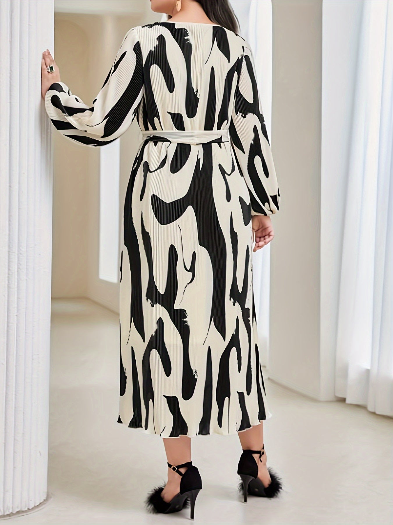  Casual Dress Women's Plus Random Print Lantern Sleeve Maxi Dress