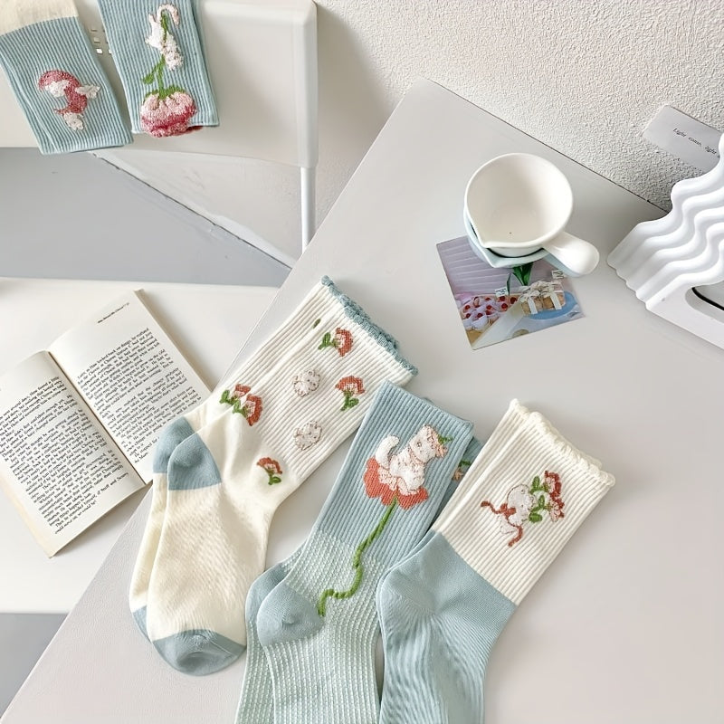 5 Pairs Floral Print Socks Comfy & Breathable Mid Tube Women's Stockings
