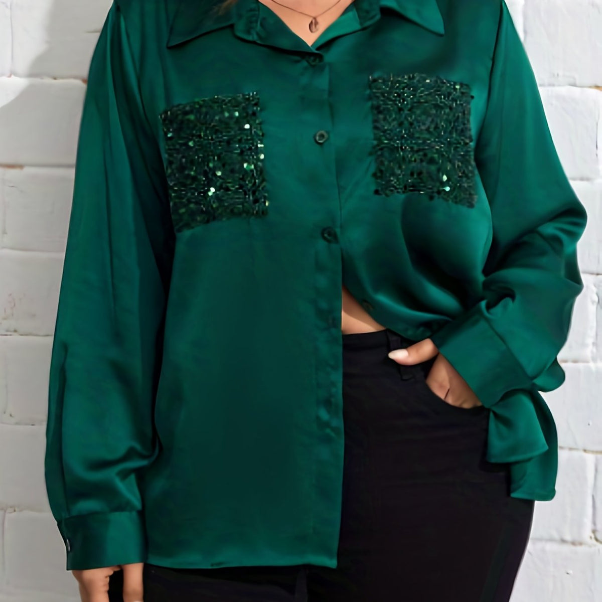  Sequin Satin Button Up Blouse
