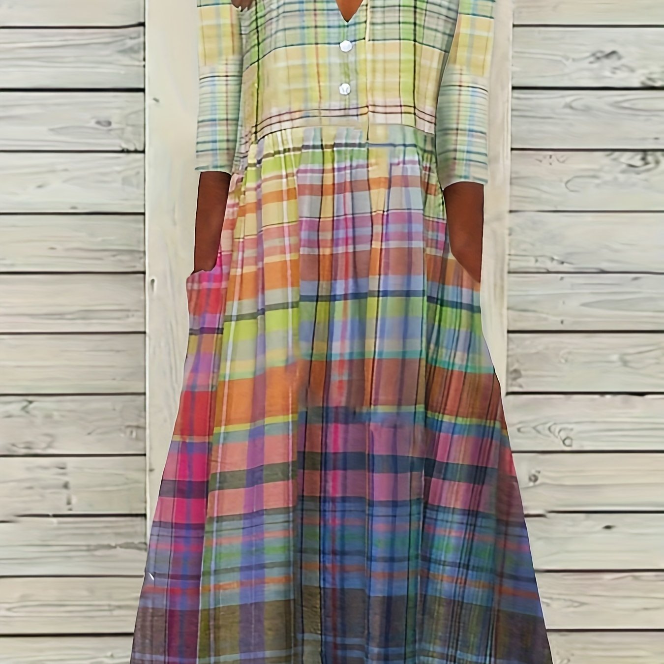  Ombre Plaid Print Notched Neck Dress