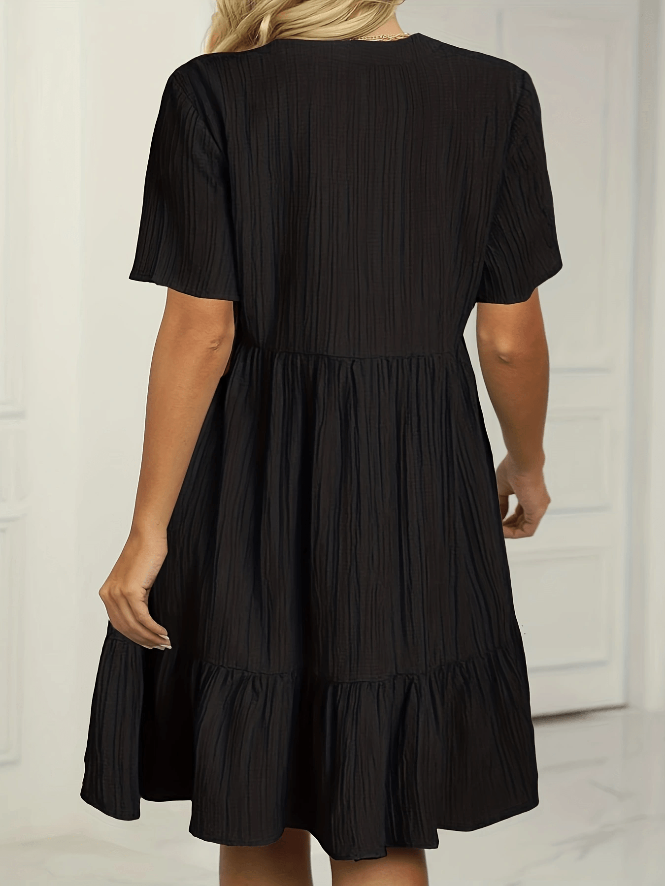  Solid Ribbed V Neck Smock Dress