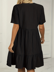  Solid Ribbed V Neck Smock Dress