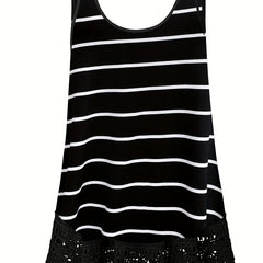  Stripe Print Lace Trim Tank Top