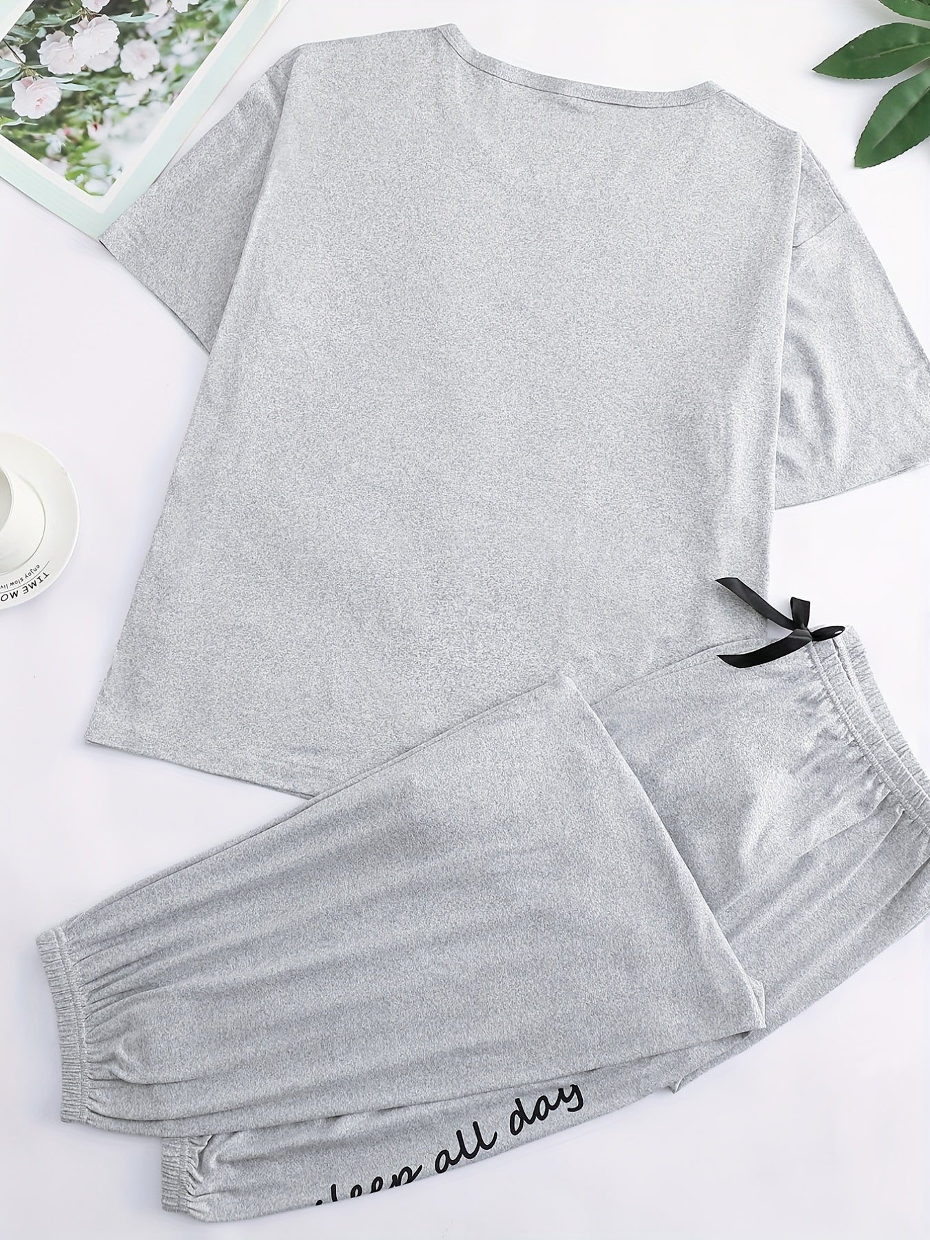  Letter Print Pajama Set Short Sleeve Top & Bow Knot Pants