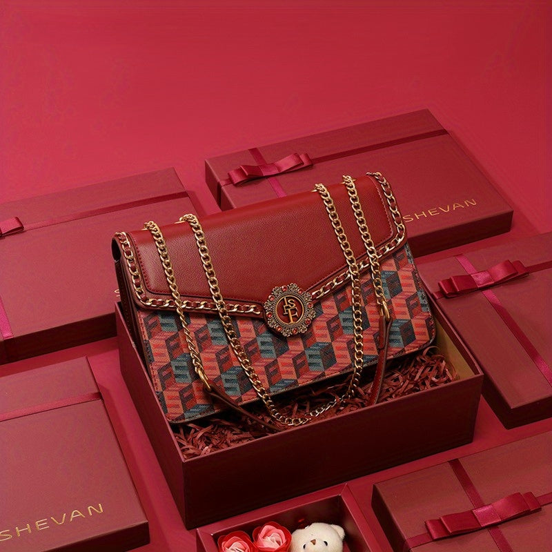 Rose Red Handcrafted Women's Bag with Golden Chain Strap & Rivet Details