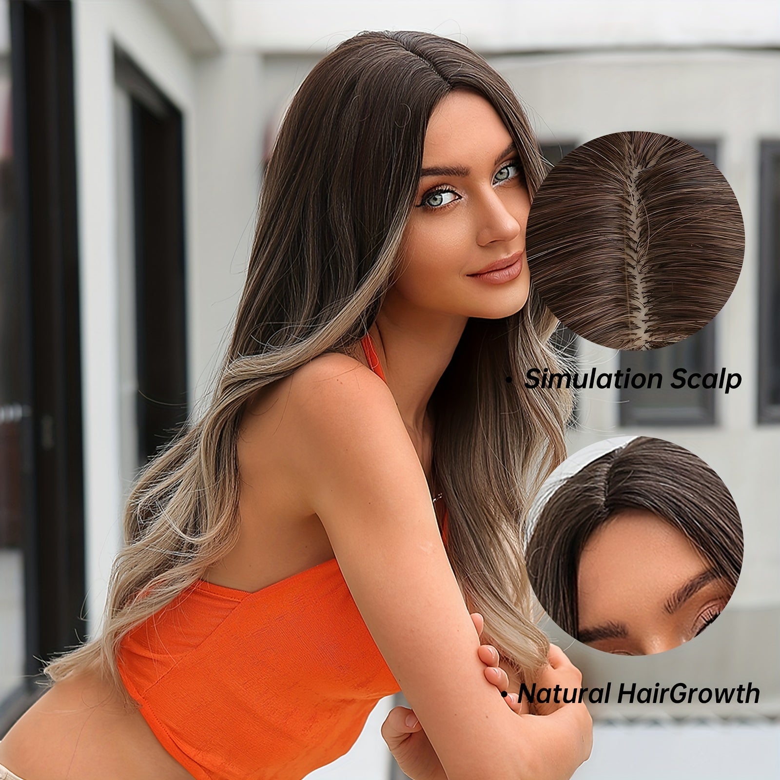 60 96 Cm Long Curly Ombre Blonde With Middle Parted Bangs Wigs For Women