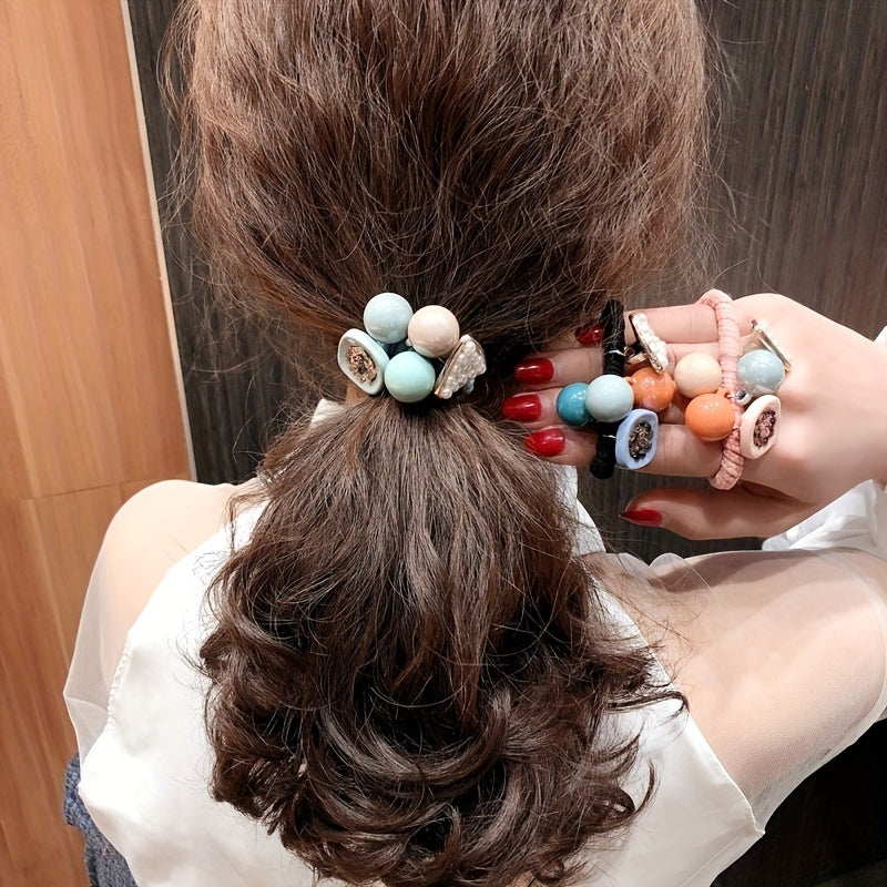 2pcs Candy Beaded Hair Tie Faux Pearl Decor Hair Rope Knitted Hair Tie