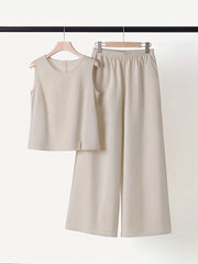 Solid Two-Piece Set Crew Neck Tank Top & Wide Leg Pants
