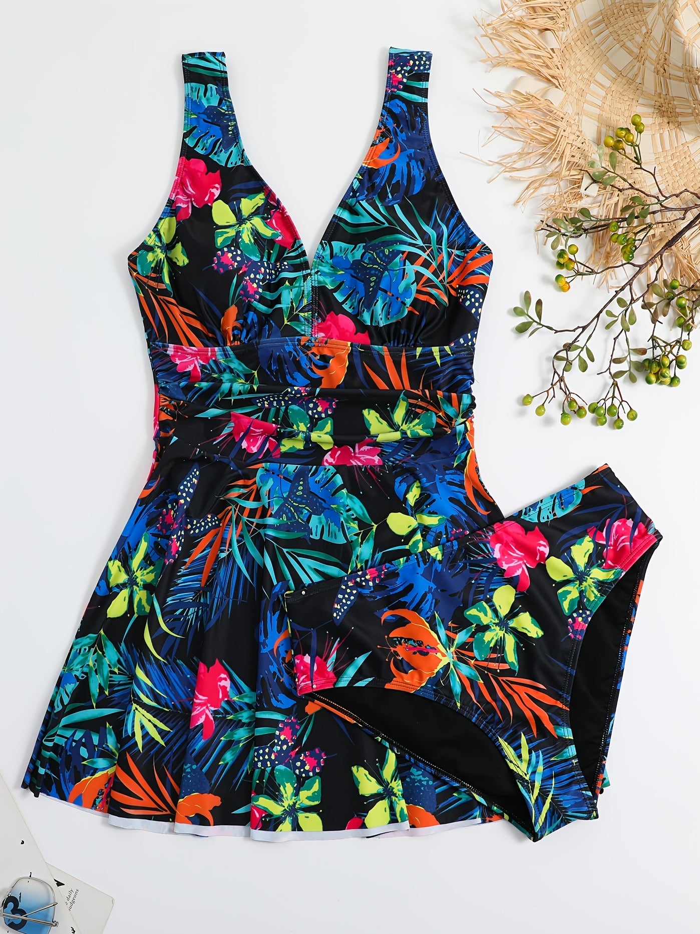  Tropical Print Tank Top & Panties Swimsuit Set