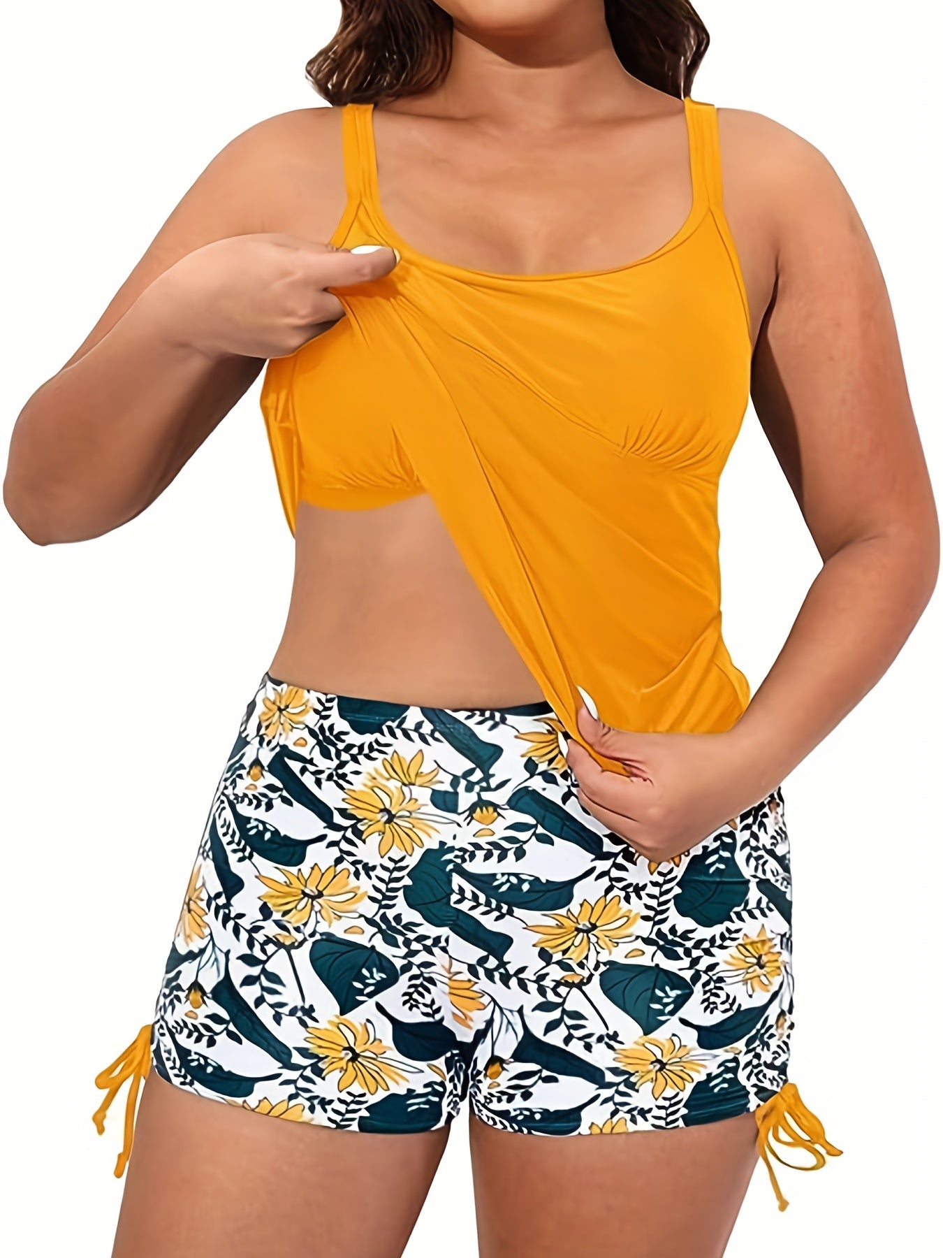  Modest Tankini Set Floral Print Lace Up Shorts Swimsuit 2 Piec