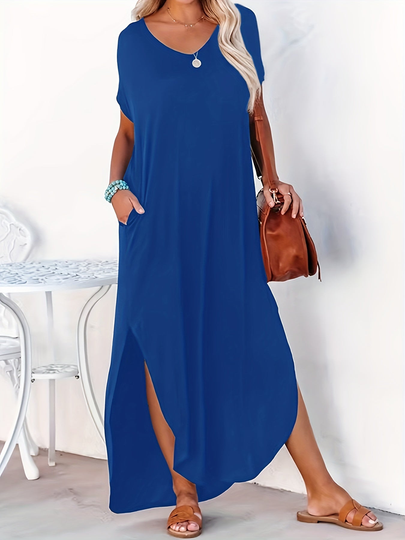 Short Sleeve Maxi Dress Crew Neck Side Slit Casual Dress Summer Spring