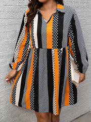  Colorblock Dot Print Long Sleeve Mini Dress