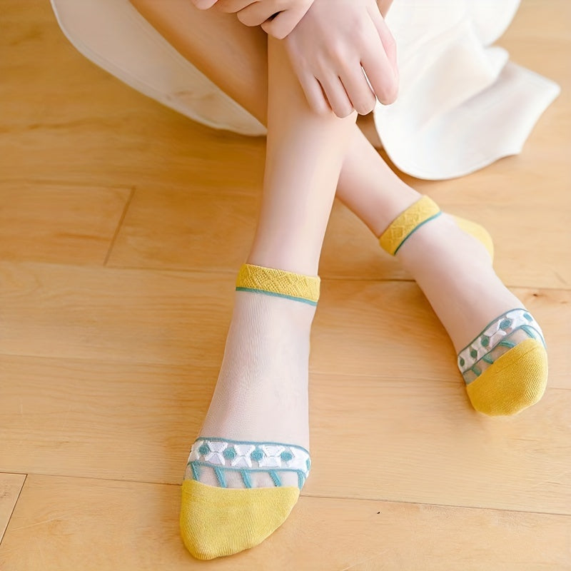 5 Pairs Striped Mesh Socks Comfy & Breathable Sheer Short Socks