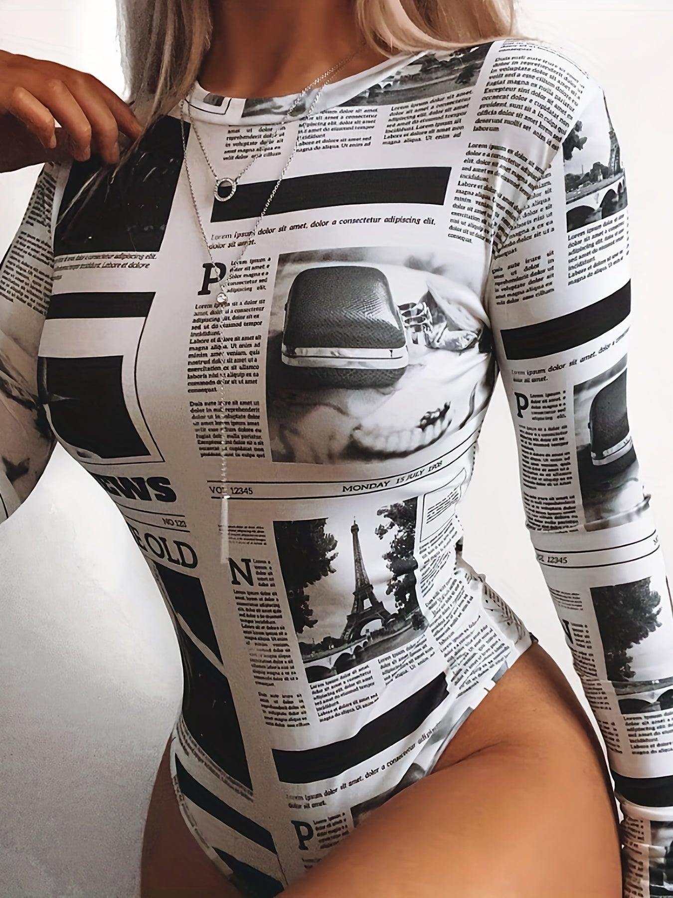  Sexy Newspaper Print Bodysuit Round Neck Long Sleeve