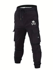 Skull Print Pocket Cargo Pants Men's Casual Loose Fit Solid Cargo Joggers