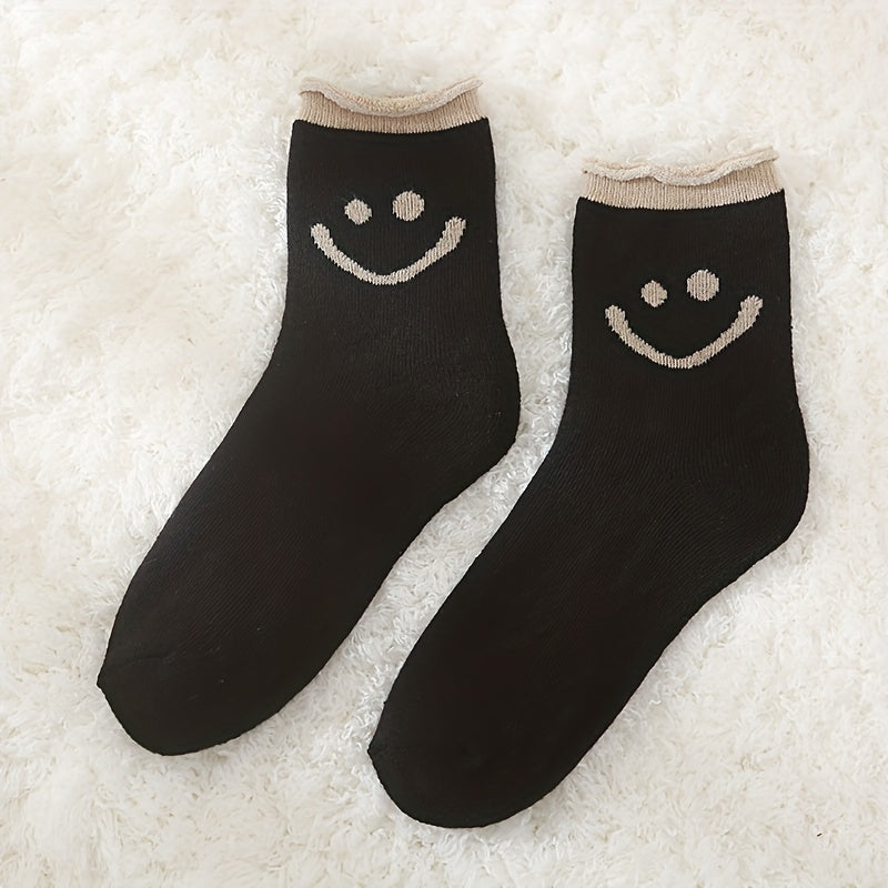 6 Pairs Smiling Face Print Socks - Women's Mid Tube Stockings