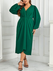  Solid Lantern Sleeve V Neck Maxi Dress