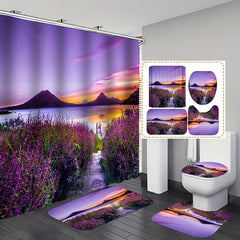 Lavender Shower Curtain Set with Non-Slip Bathroom Rug and 12 Hooks