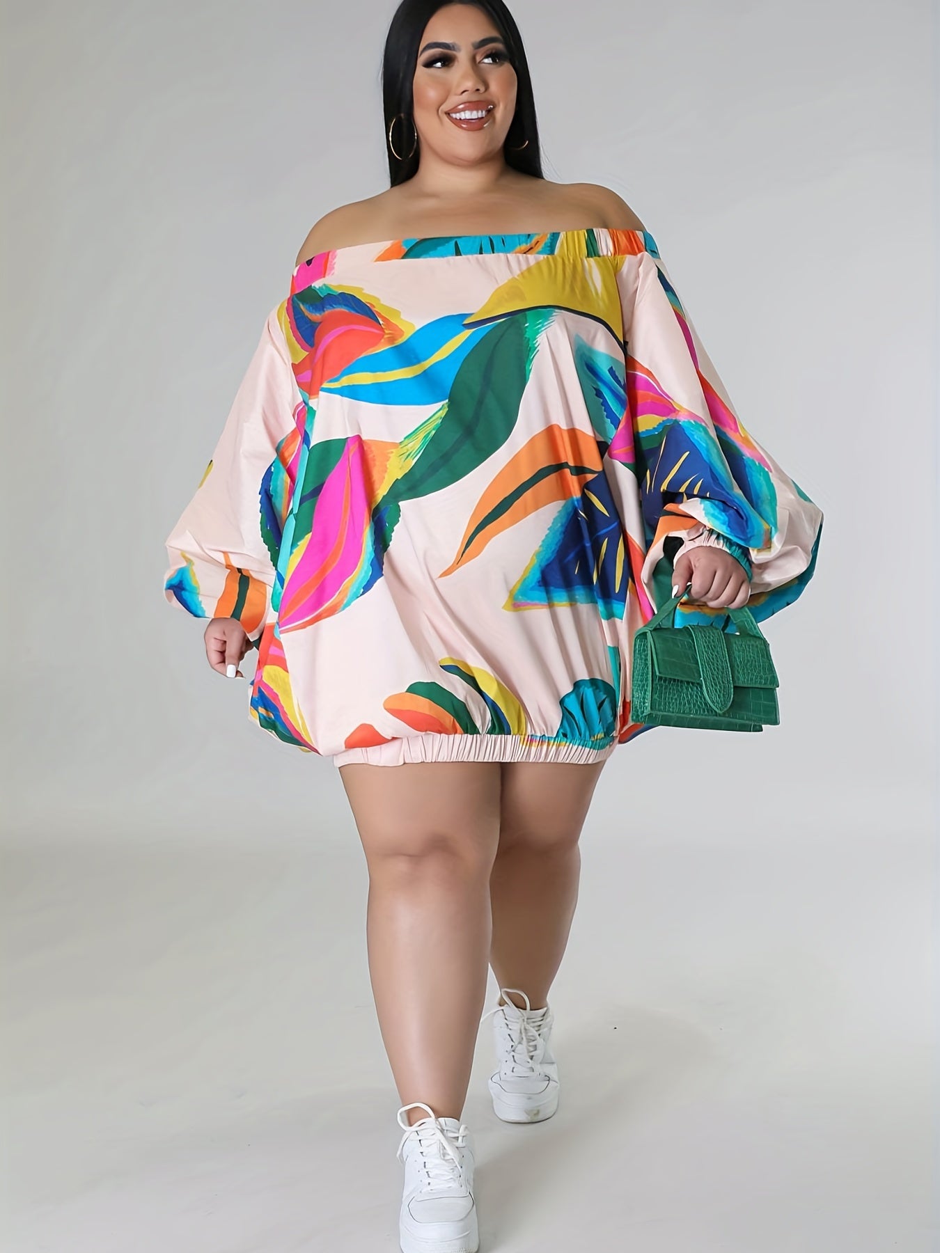  Dress Women's Plus Leaf Print Off Shoulder Long Sleeve Dress
