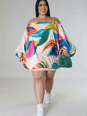  Dress Women's Plus Leaf Print Off Shoulder Long Sleeve Dress