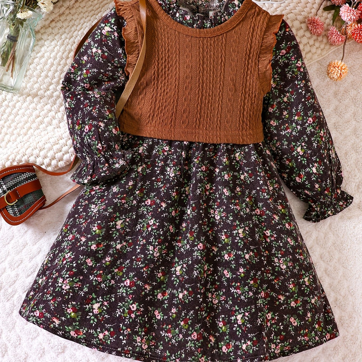 Girl's Floral Dress & Knitted Vest Set for Spring/Autumn