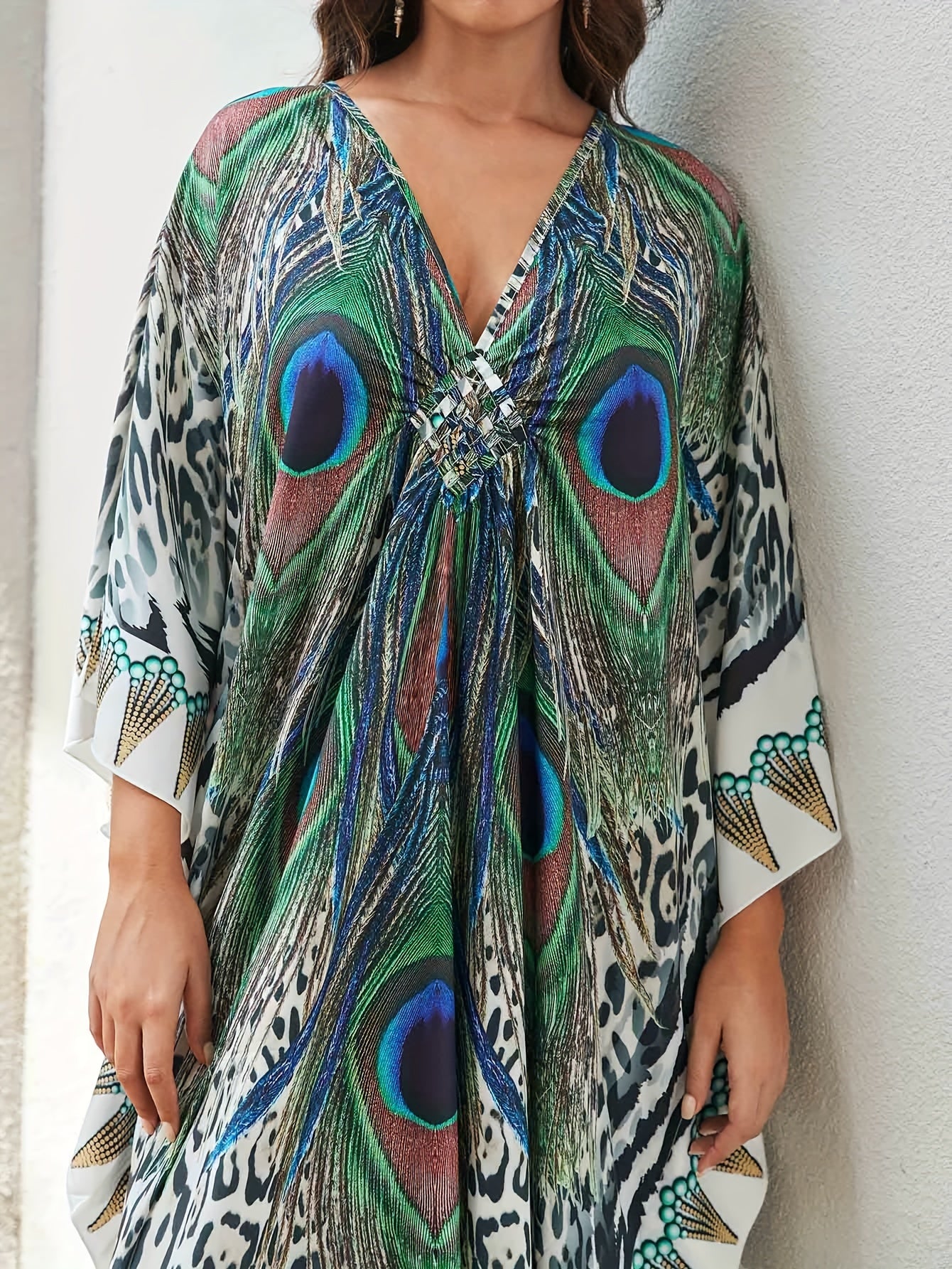 Peacock & Leopard Print Batwing Sleeve V Neck Side Split Cover Up Dress