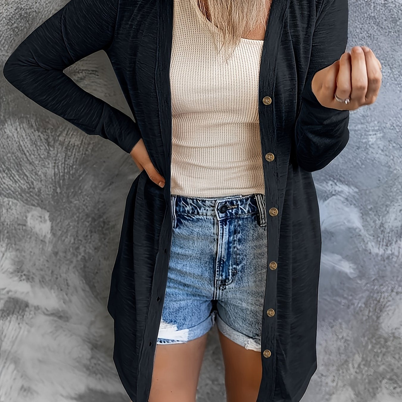  Solid Long Sleeve Button Up Cardigan