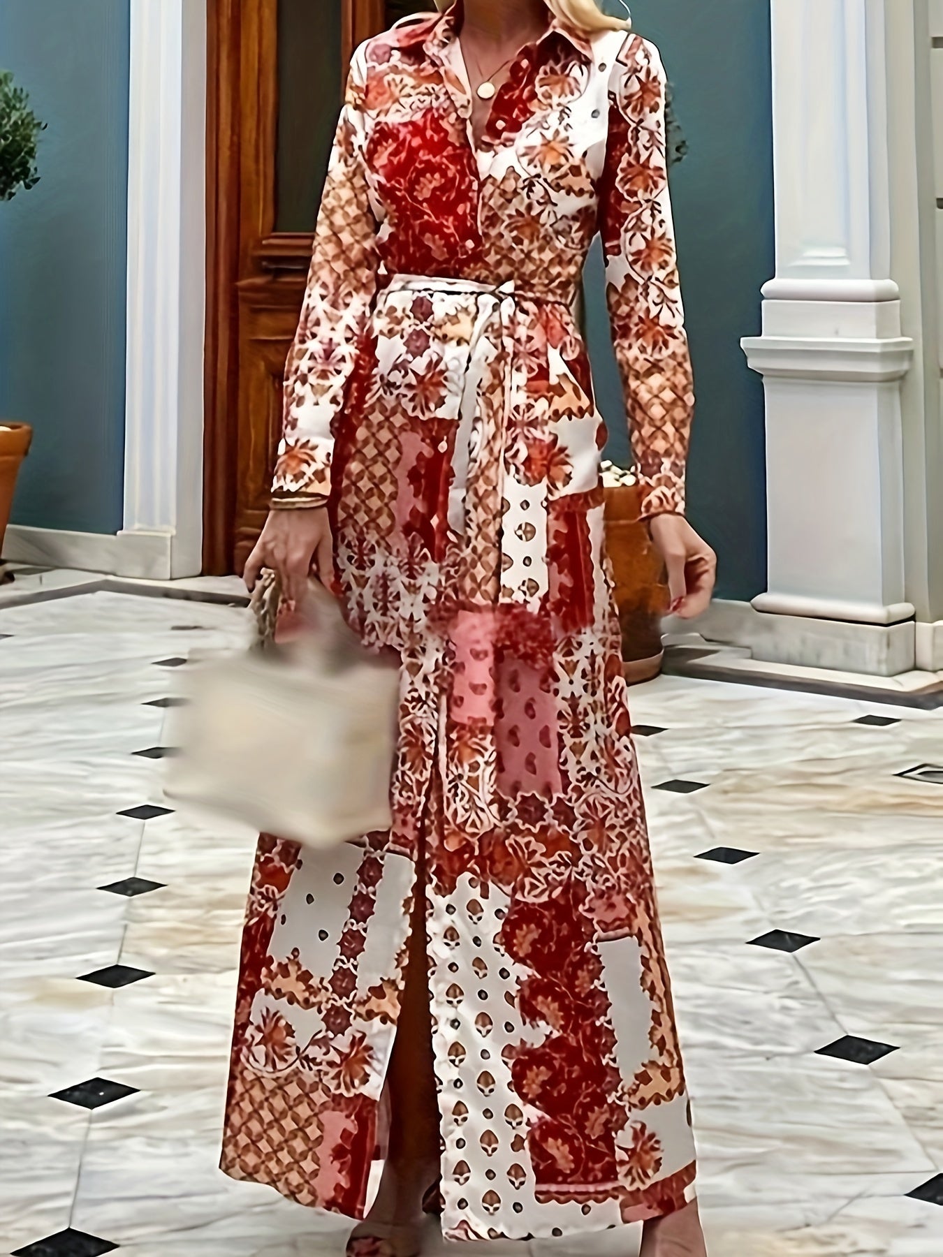 Patchwork Print Button Up Maxi Dress