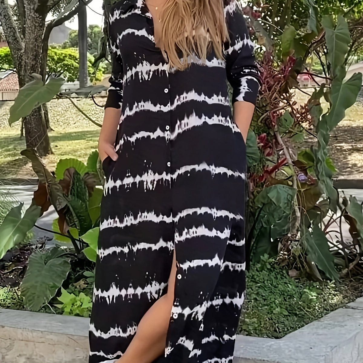  Stripe Print Button Up Shirt Dress
