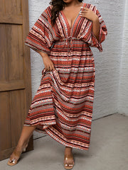  Striped Print Cut Out Tie Front Batwing Sleeve Backless Dress