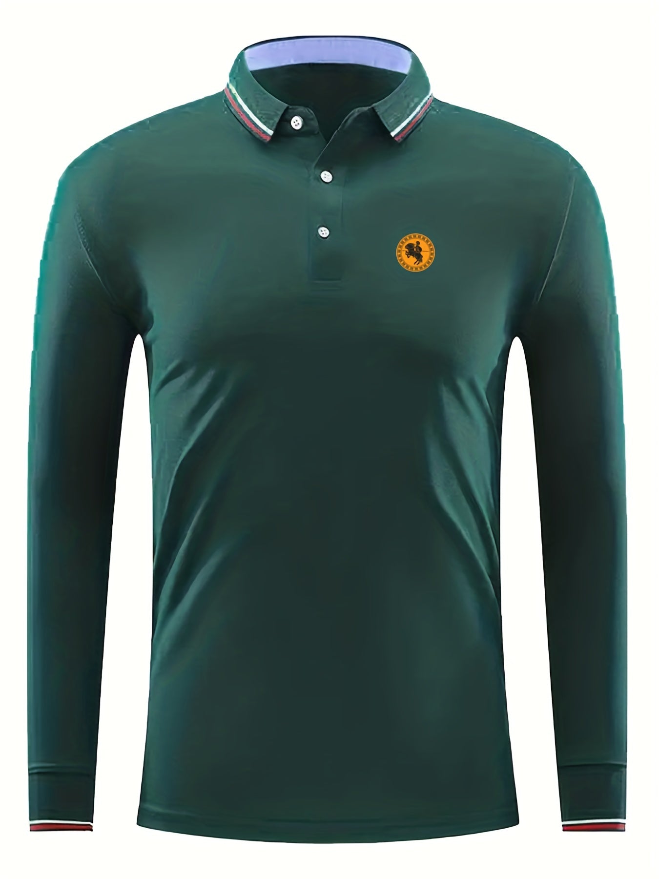 Men's Horse Riding Print Long Sleeve Polo Shirt Casual Button Up Top
