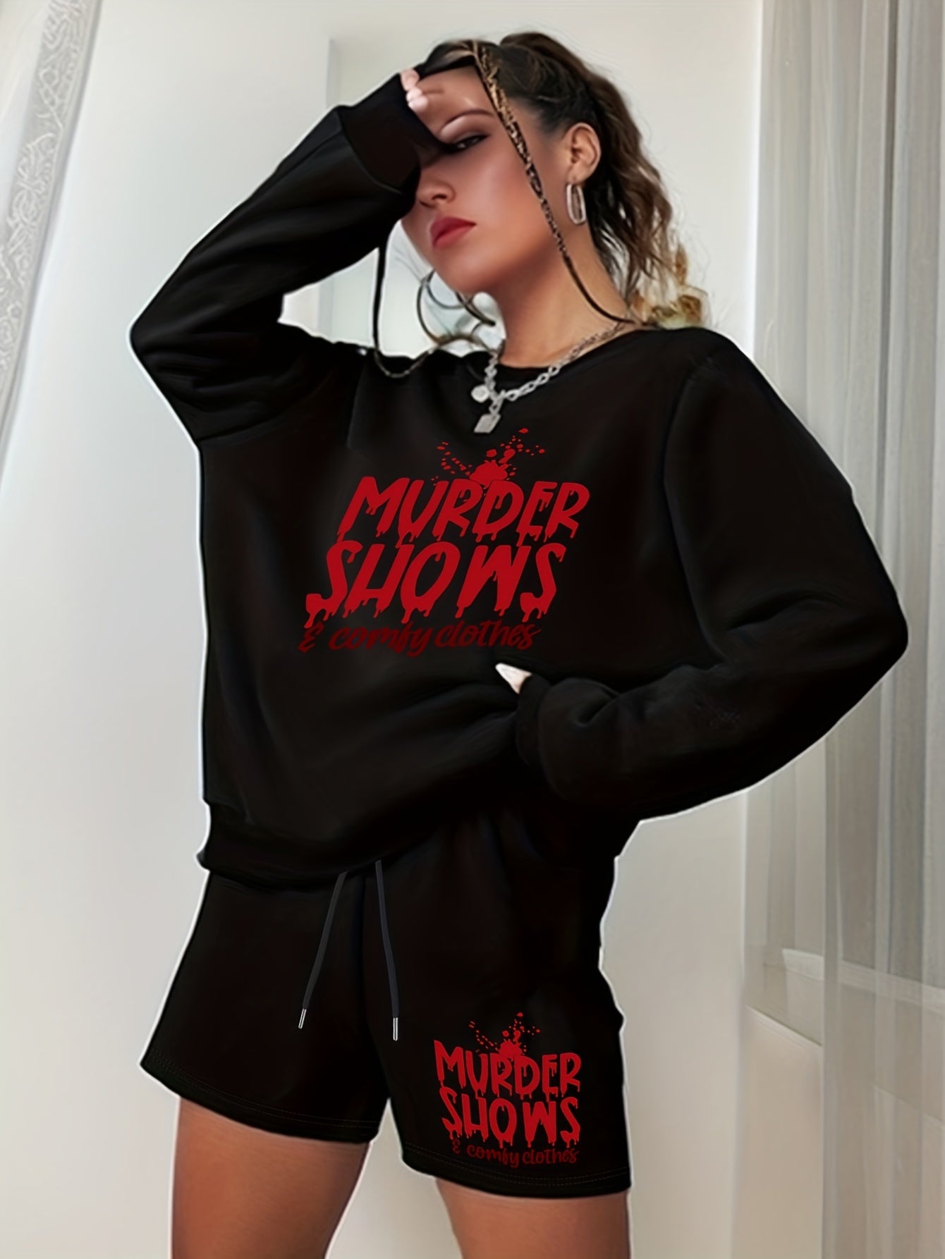 Women's Plus Size Halloween 2pcs Set Letter Print Sweatshirt & Shorts