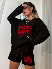 Women's Plus Size Halloween 2pcs Set Letter Print Sweatshirt & Shorts