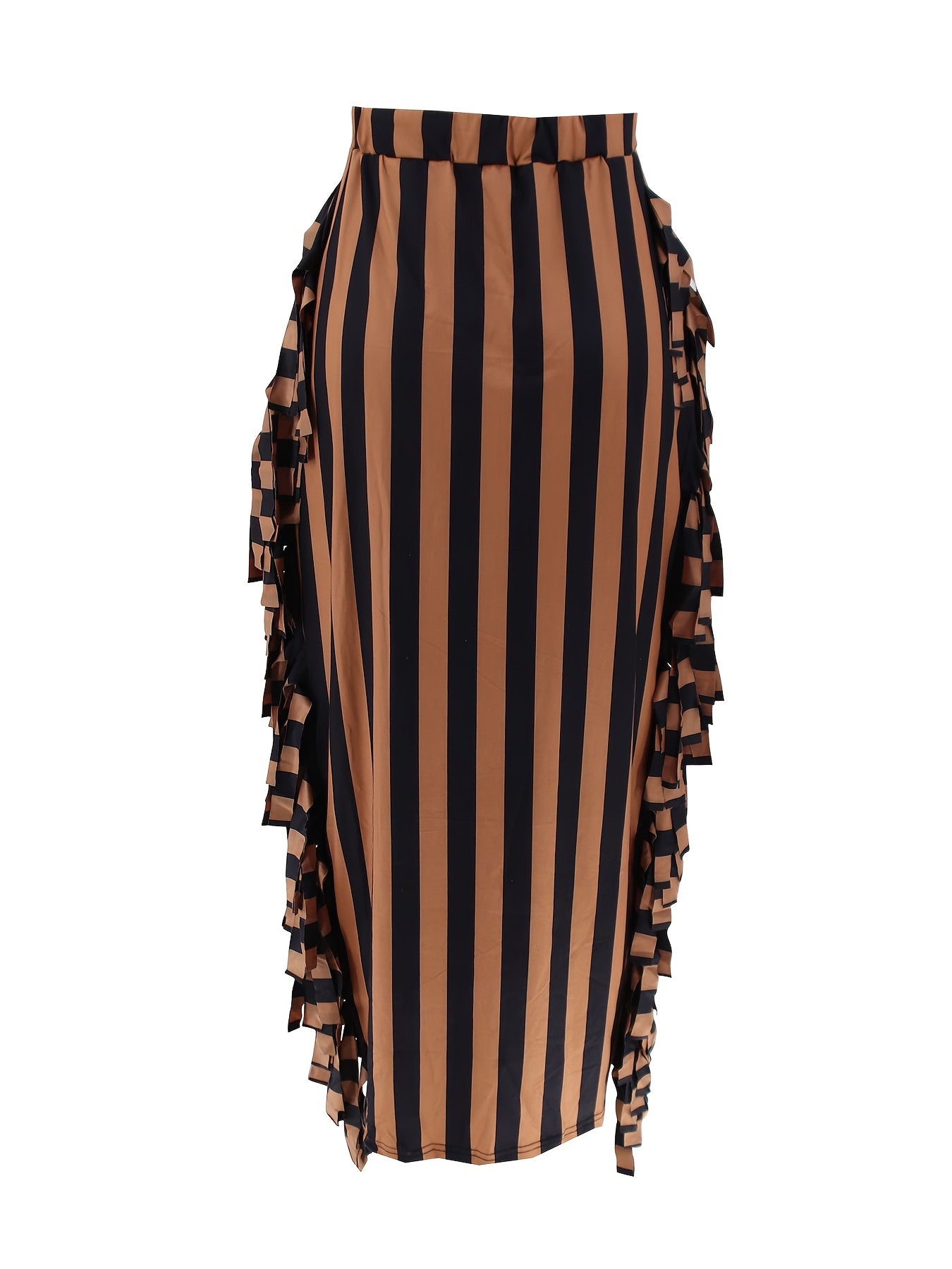  Stripe Print Tassel Trim High Rise Bodycon Midi Skirt