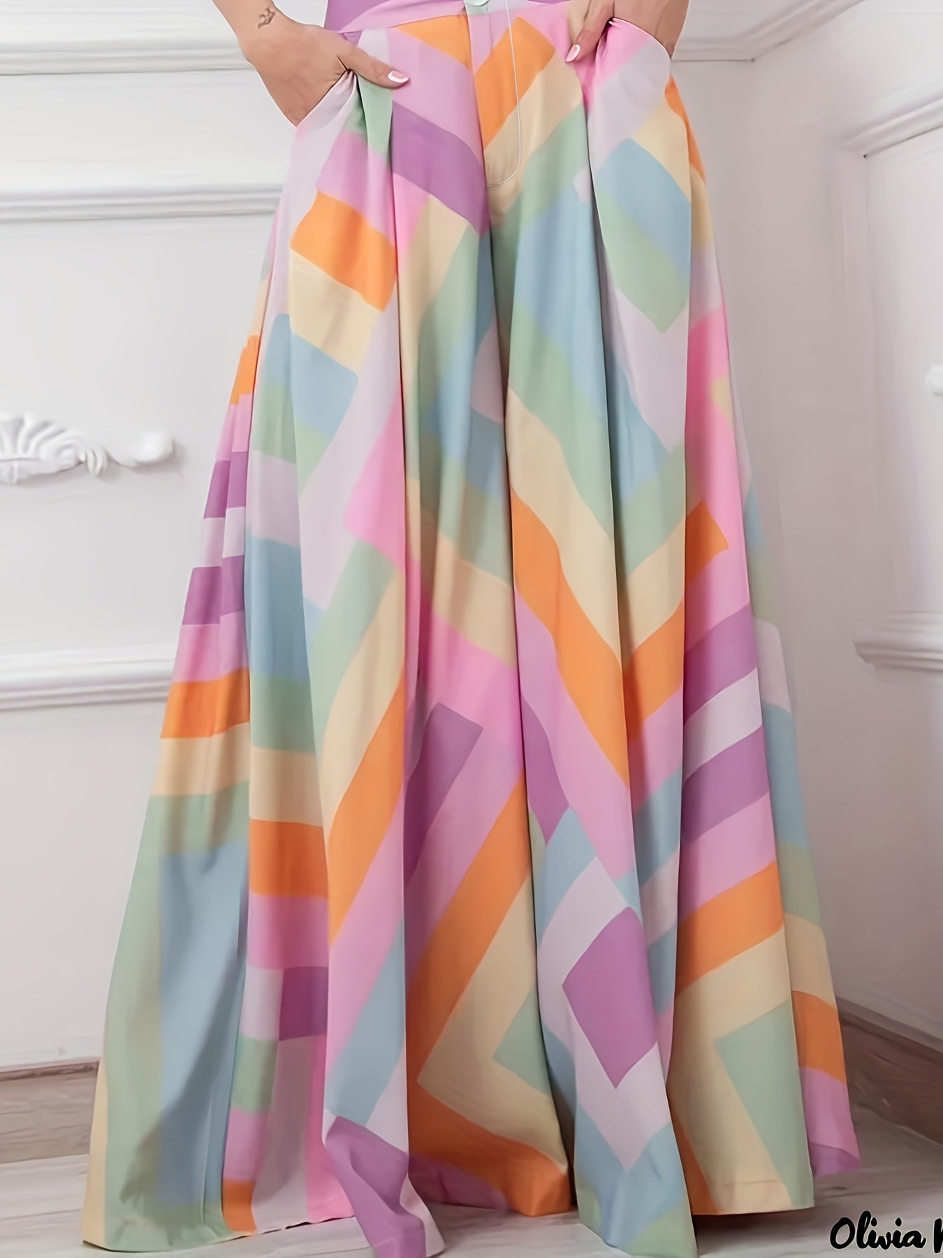  Colorblock Geometric Print High Rise Button Fly Flare Leg Pants