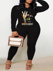 Women's Plus Size Slogan & Animal Print 2 Piece Set