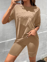 Summer Casual Coffee Brown Women's Textured Tee & Biker Shorts