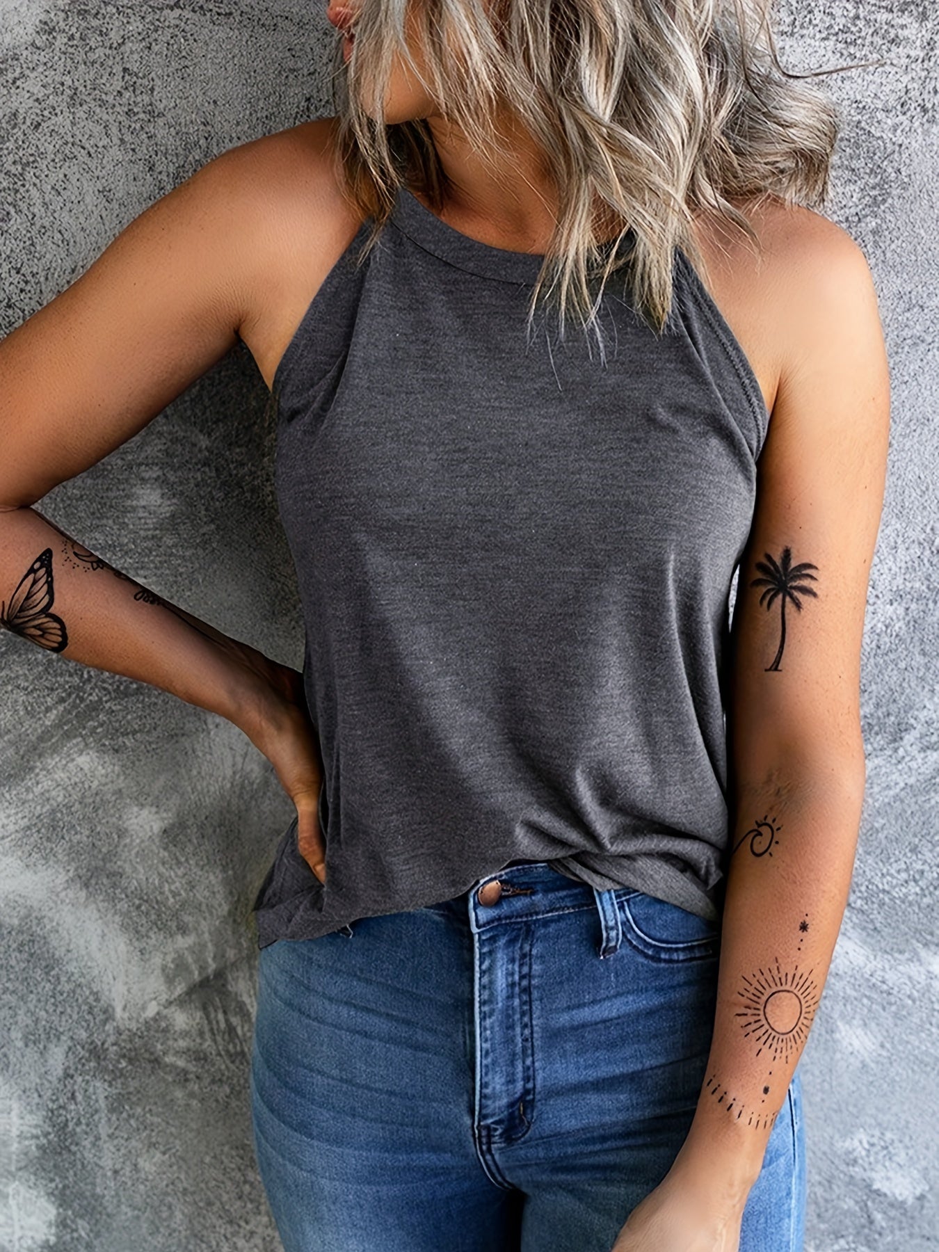 Solid Crew Neck Tank Top Sleeveless Casual Women's Clothing