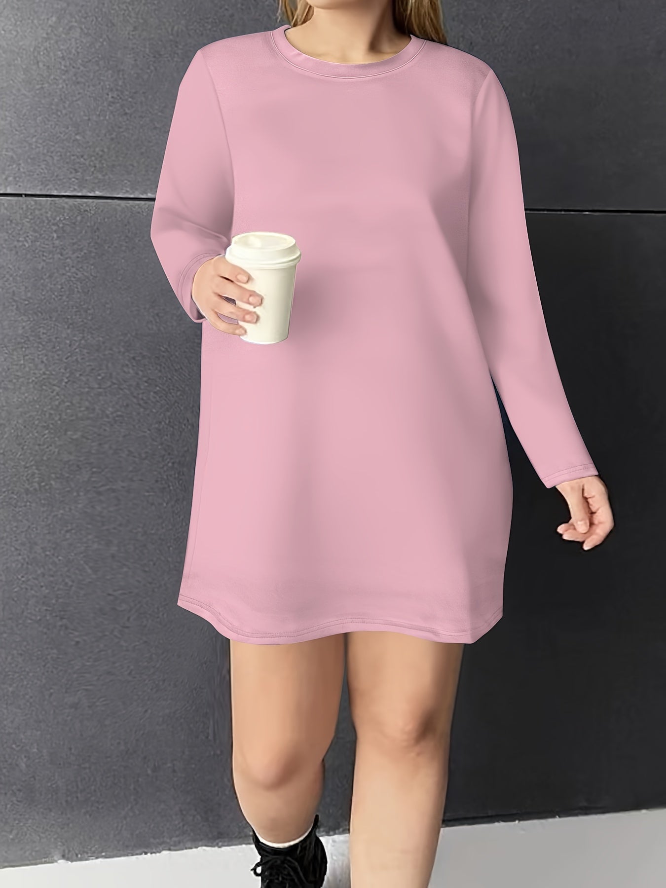  Solid Long Sleeve Round Neck Tee Dress